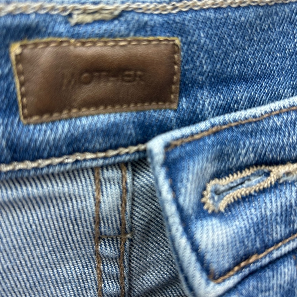 MOTHER Blue Denim Jeans with Brown Leather Patch
